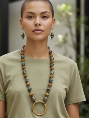 Source Unknown Multicolor Paper Bead Necklace with Gold Ring and Mustard Accents